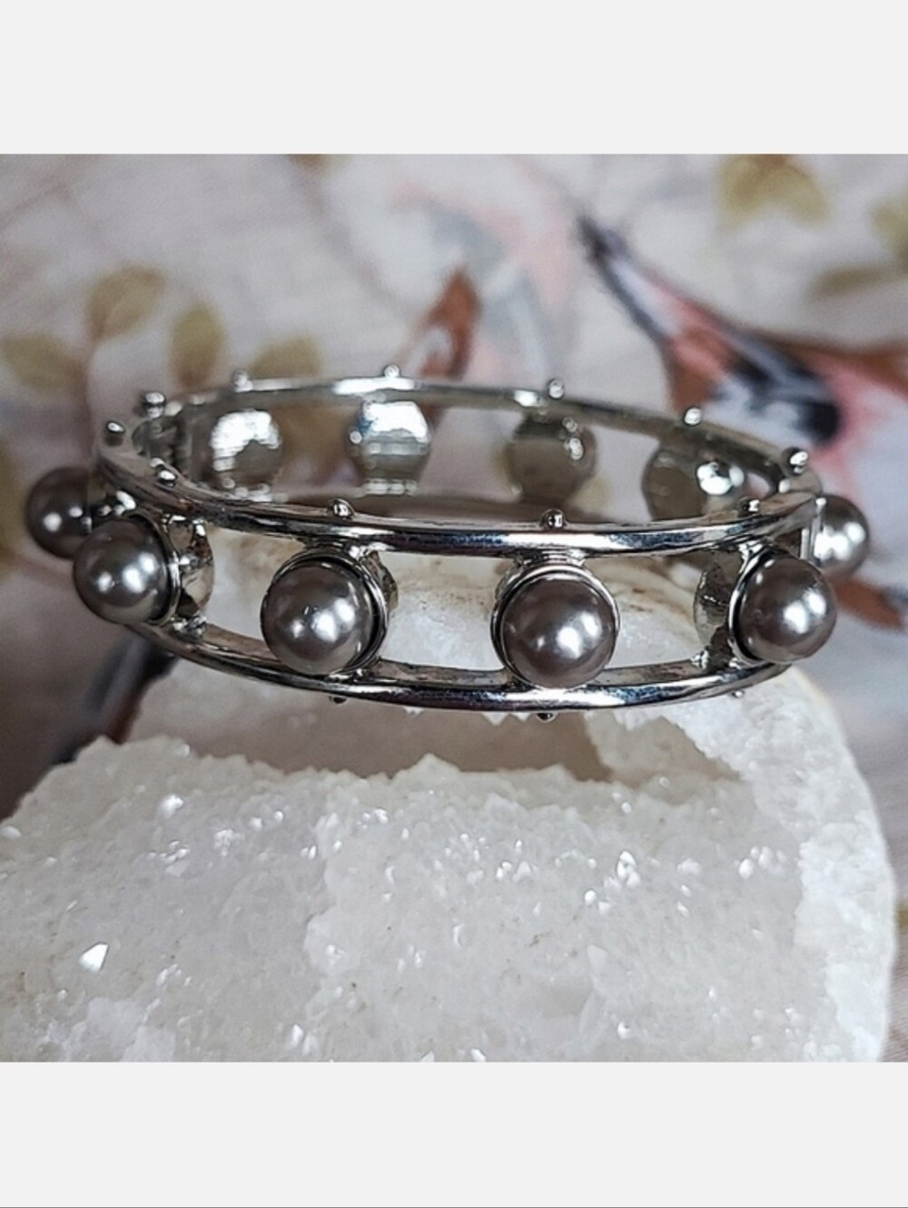 Gray Faux 8.5mm Pearls Heavy Silver Tone Rhodium Plated Clamper Bracelet Vintage